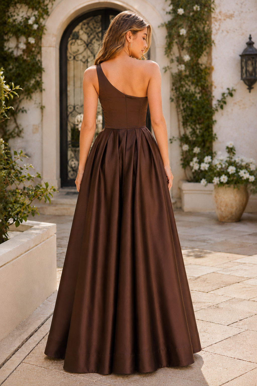 Kaldelle A Line One Shoulder Floor Length Satin Prom Dress- Style