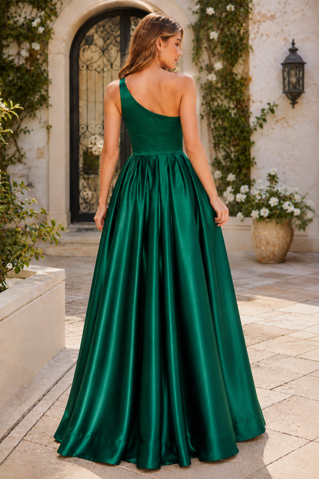 Kaldelle A Line One Shoulder Floor Length Satin Prom Dress- Style