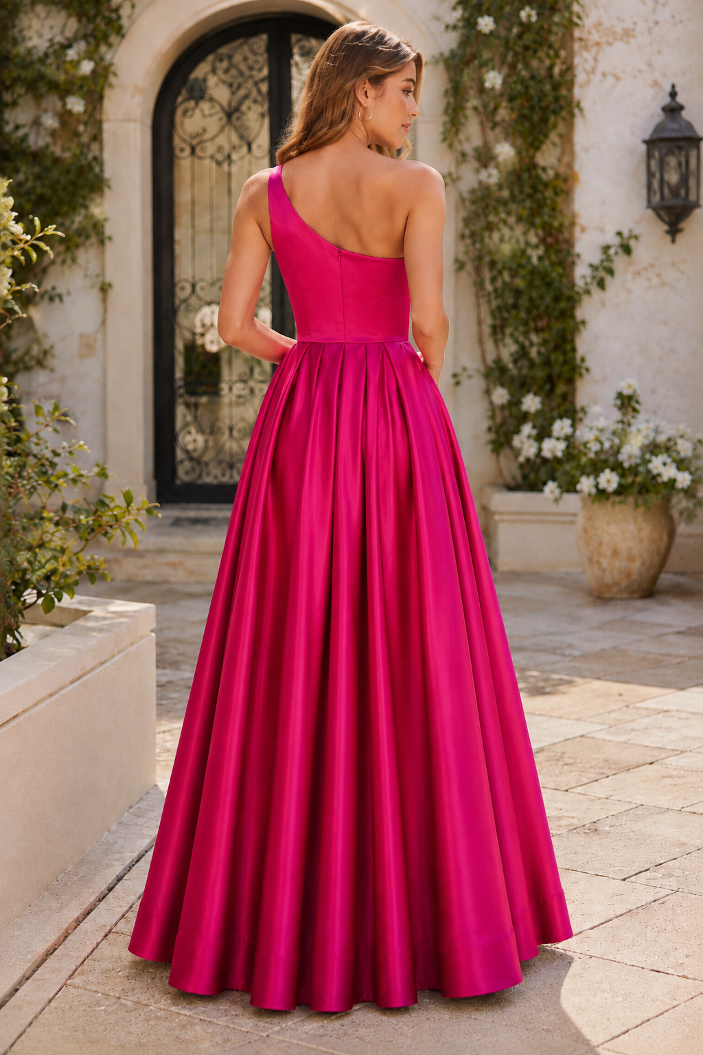 Kaldelle A Line One Shoulder Floor Length Satin Prom Dress- Style
