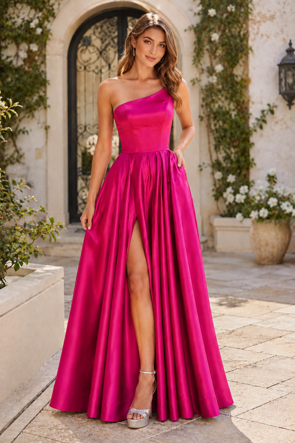 Kaldelle A Line One Shoulder Floor Length Satin Prom Dress- Style