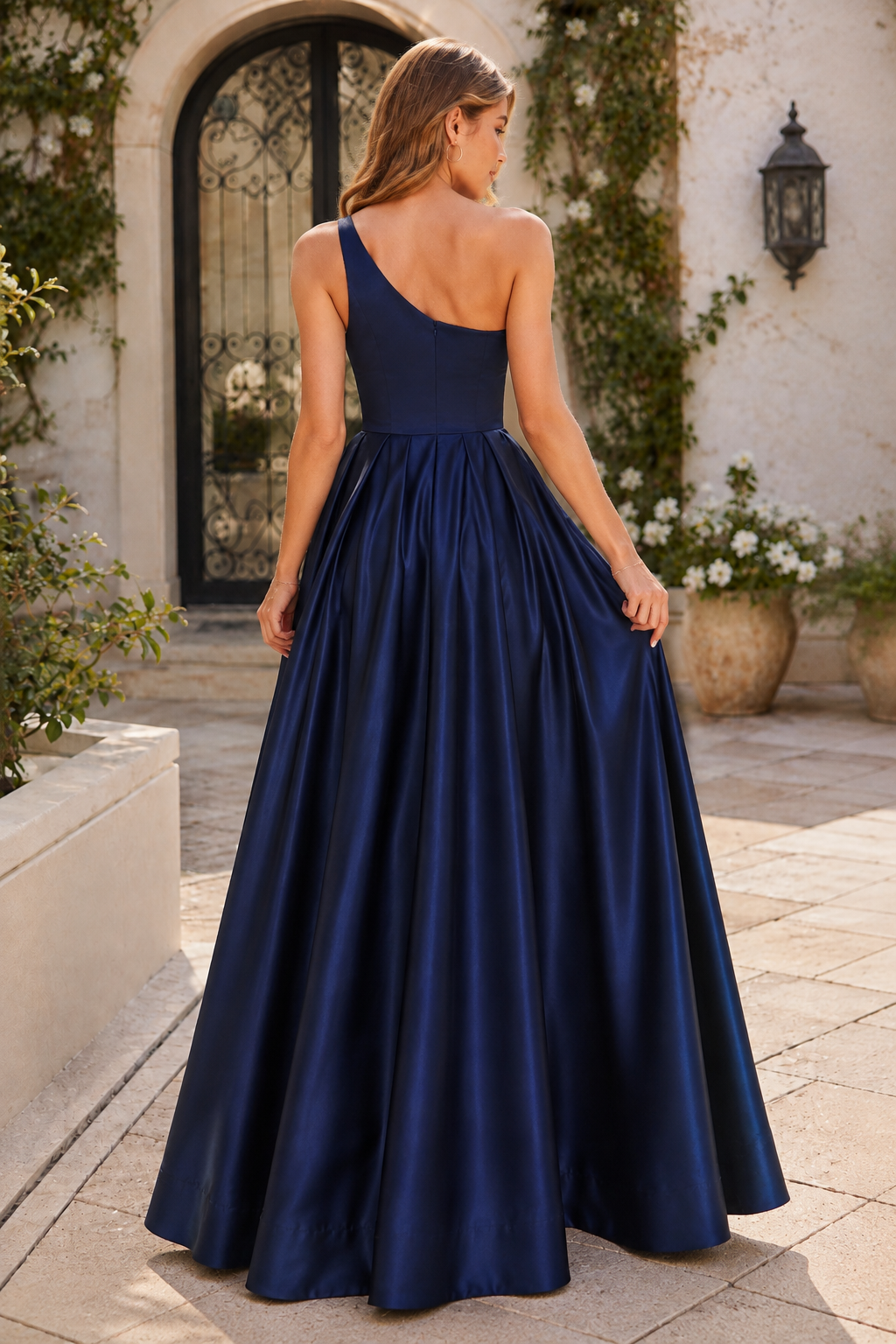 Kaldelle A Line One Shoulder Floor Length Satin Prom Dress- Style