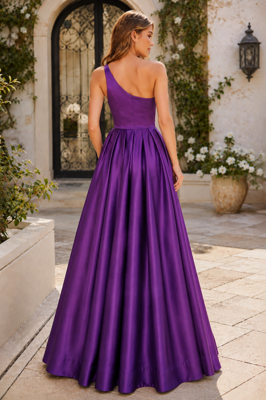 Kaldelle A Line One Shoulder Floor Length Satin Prom Dress- Style