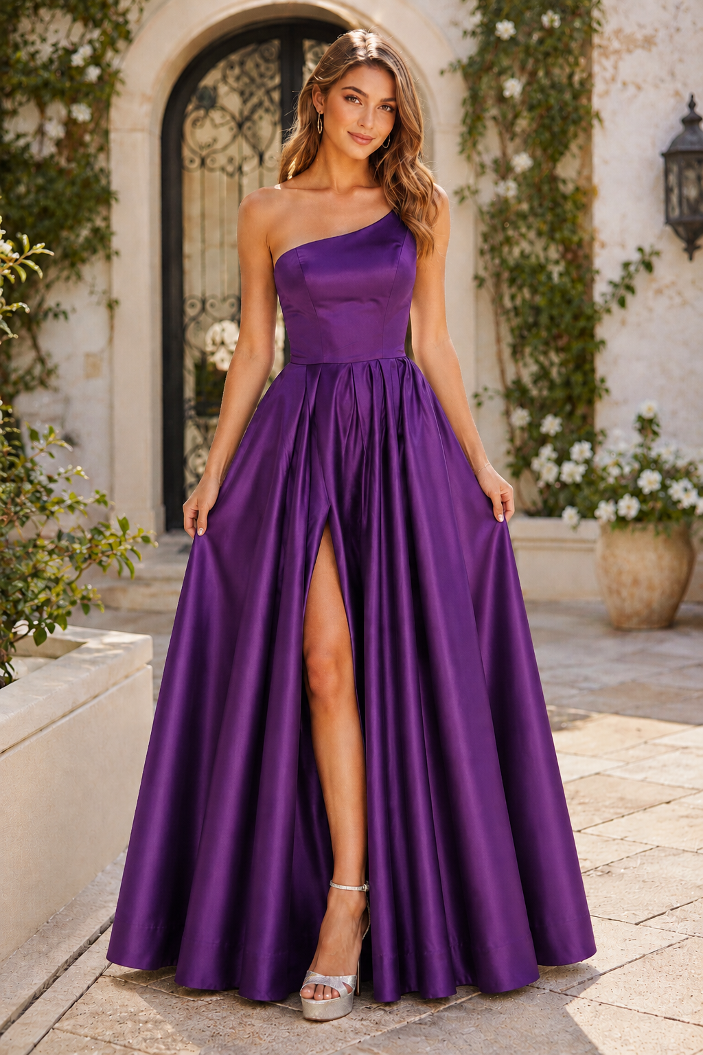 Kaldelle A Line One Shoulder Floor Length Satin Prom Dress- Style