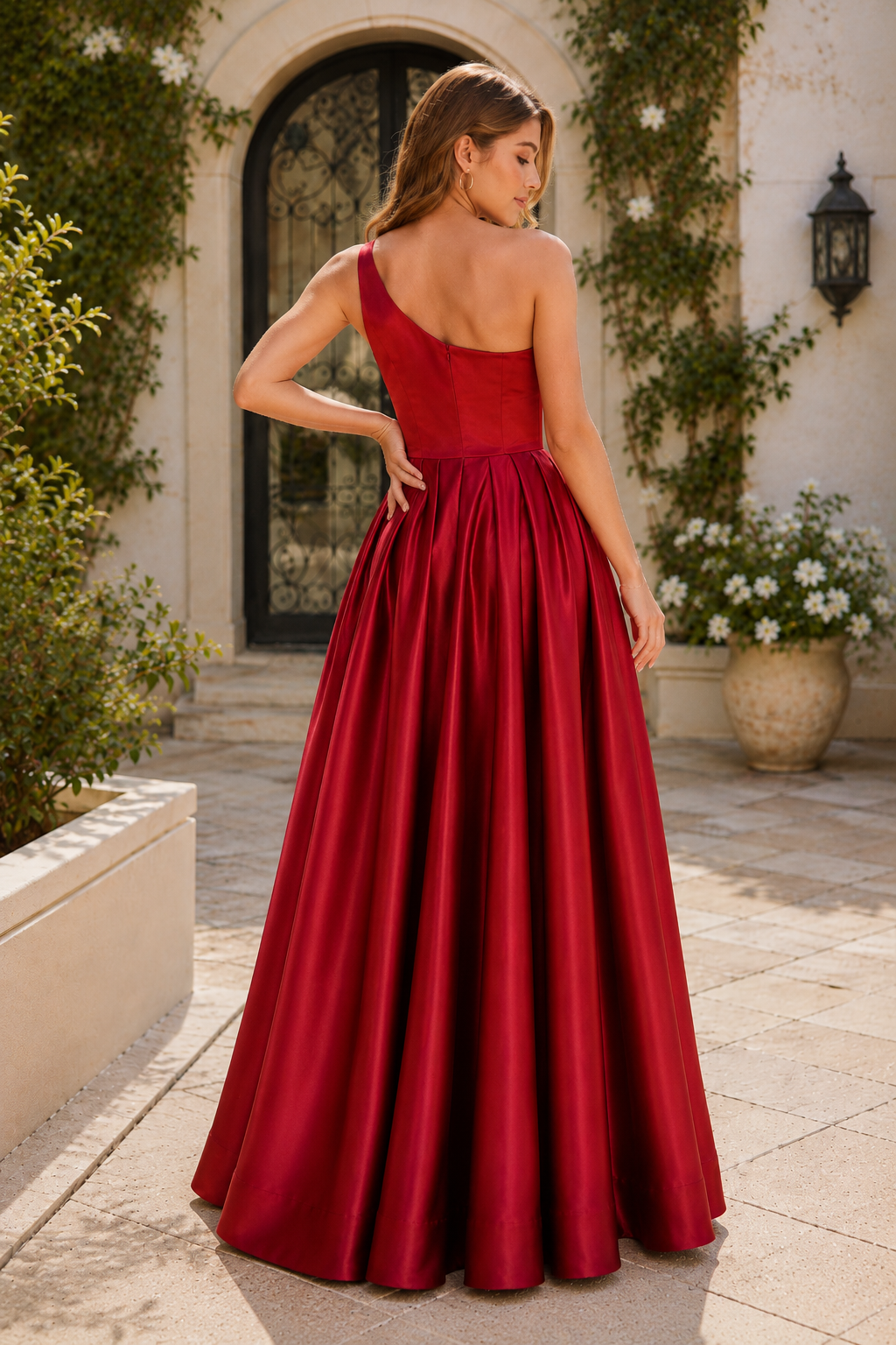 Kaldelle A Line One Shoulder Floor Length Satin Prom Dress- Style