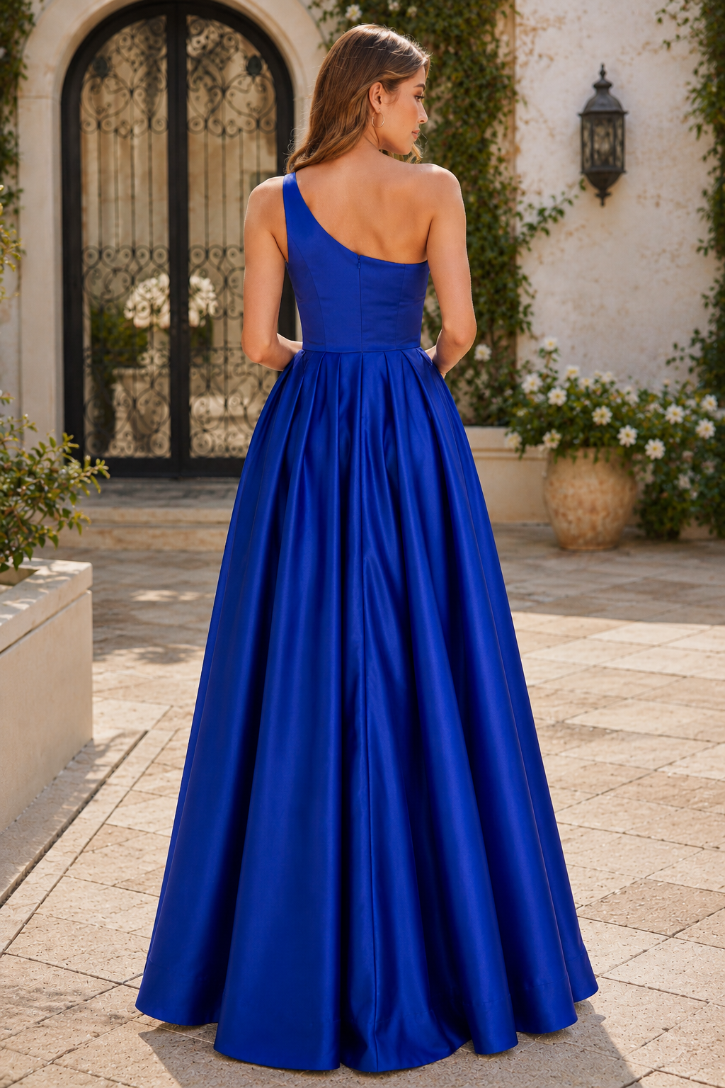 Kaldelle A Line One Shoulder Floor Length Satin Prom Dress- Style