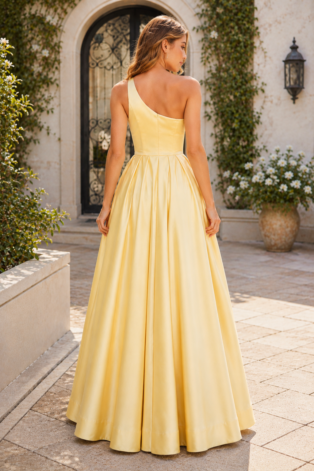 Kaldelle A Line One Shoulder Floor Length Satin Prom Dress- Style