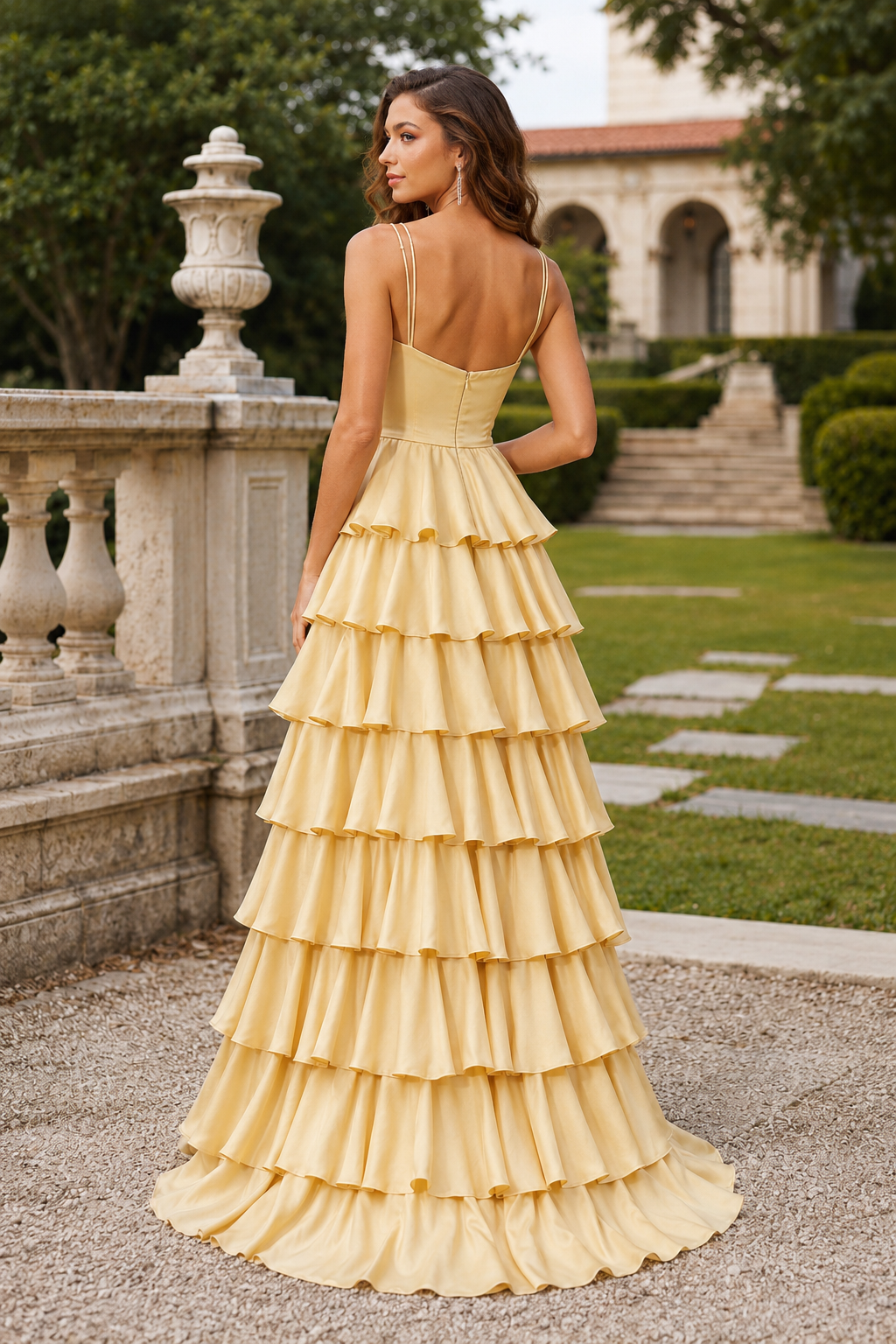 Celrienne A Line V Neck Sweep Train Stretch Satin Prom Dress