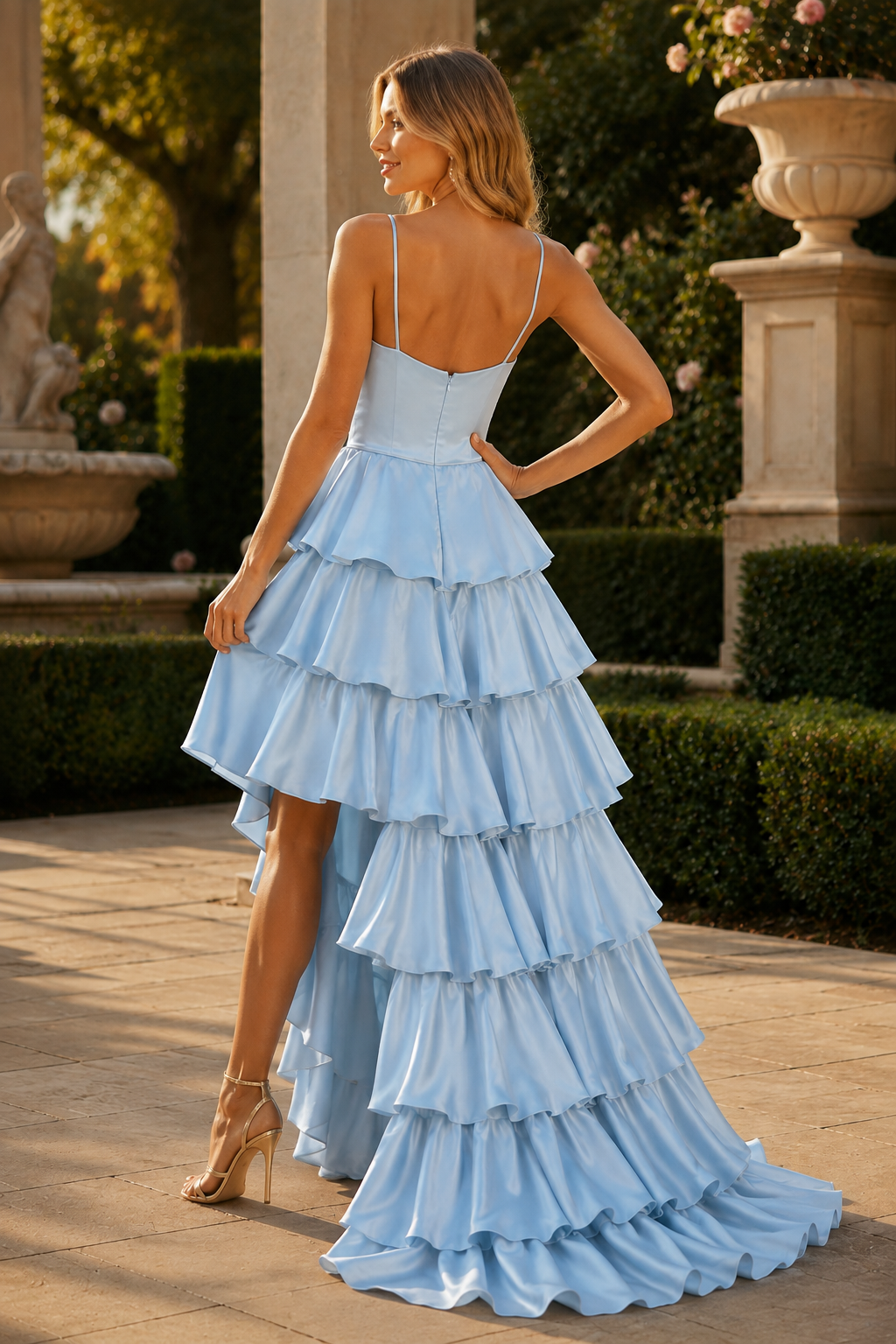Celrienne A Line V Neck Sweep Train Stretch Satin Prom Dress