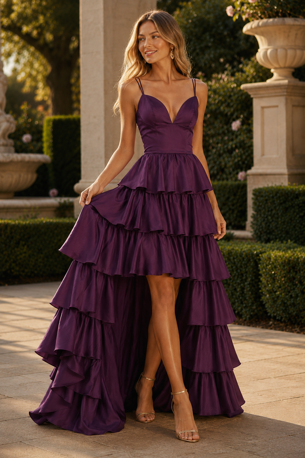 Celrienne A Line V Neck Sweep Train Stretch Satin Prom Dress
