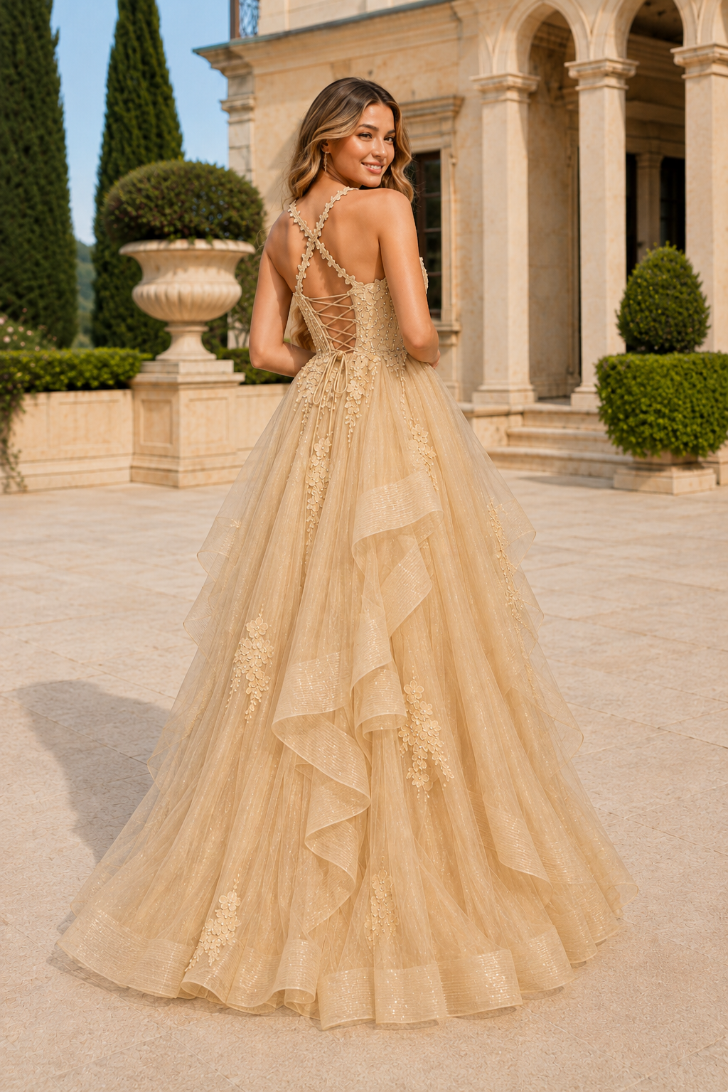 Arisette A Line V Neck Floor Length Tulle Prom Dress- Style