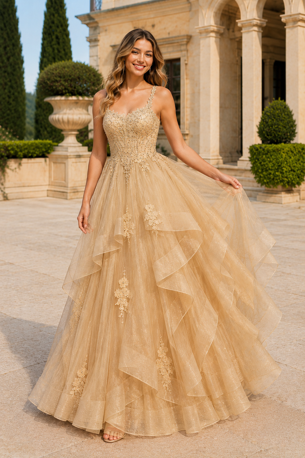 Arisette A Line V Neck Floor Length Tulle Prom Dress- Style