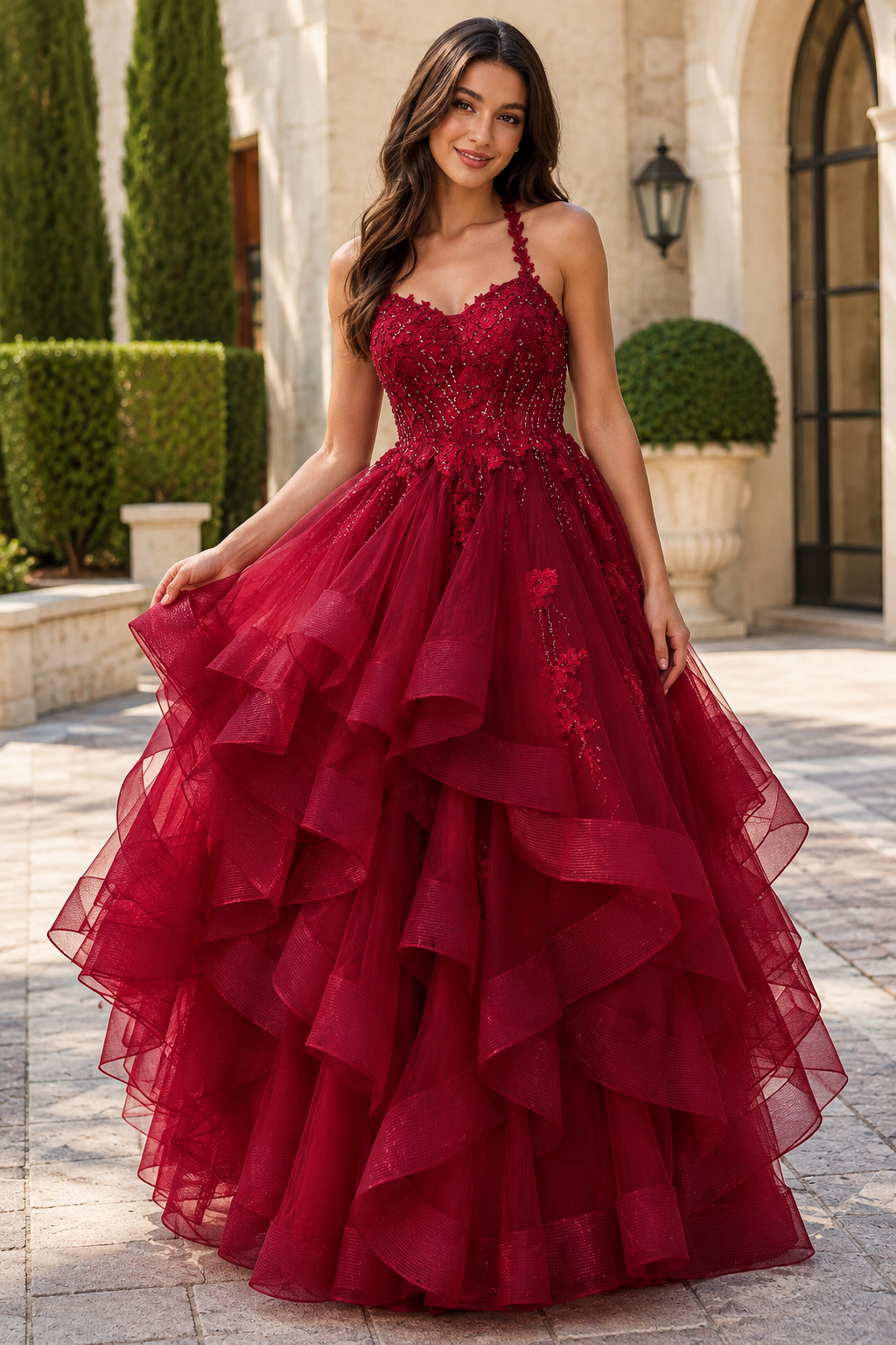 Arisette A Line V Neck Floor Length Tulle Prom Dress- Style