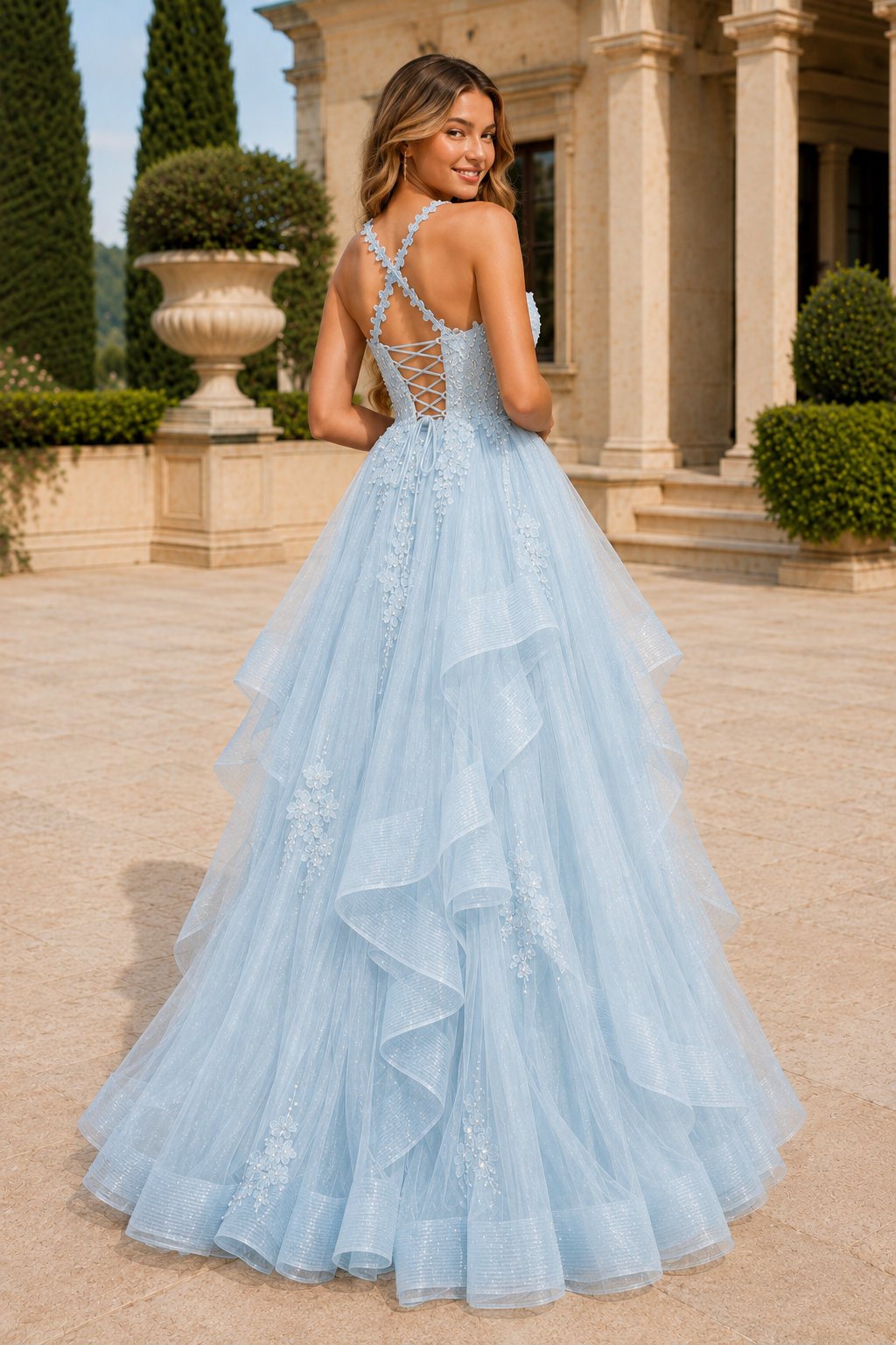 Arisette A Line V Neck Floor Length Tulle Prom Dress- Style