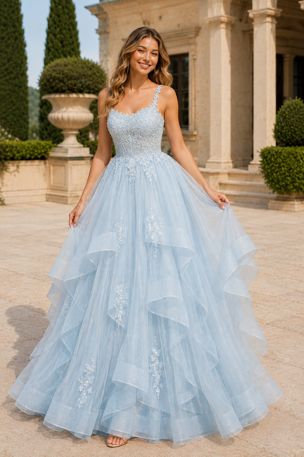 Arisette A Line V Neck Floor Length Tulle Prom Dress- Style