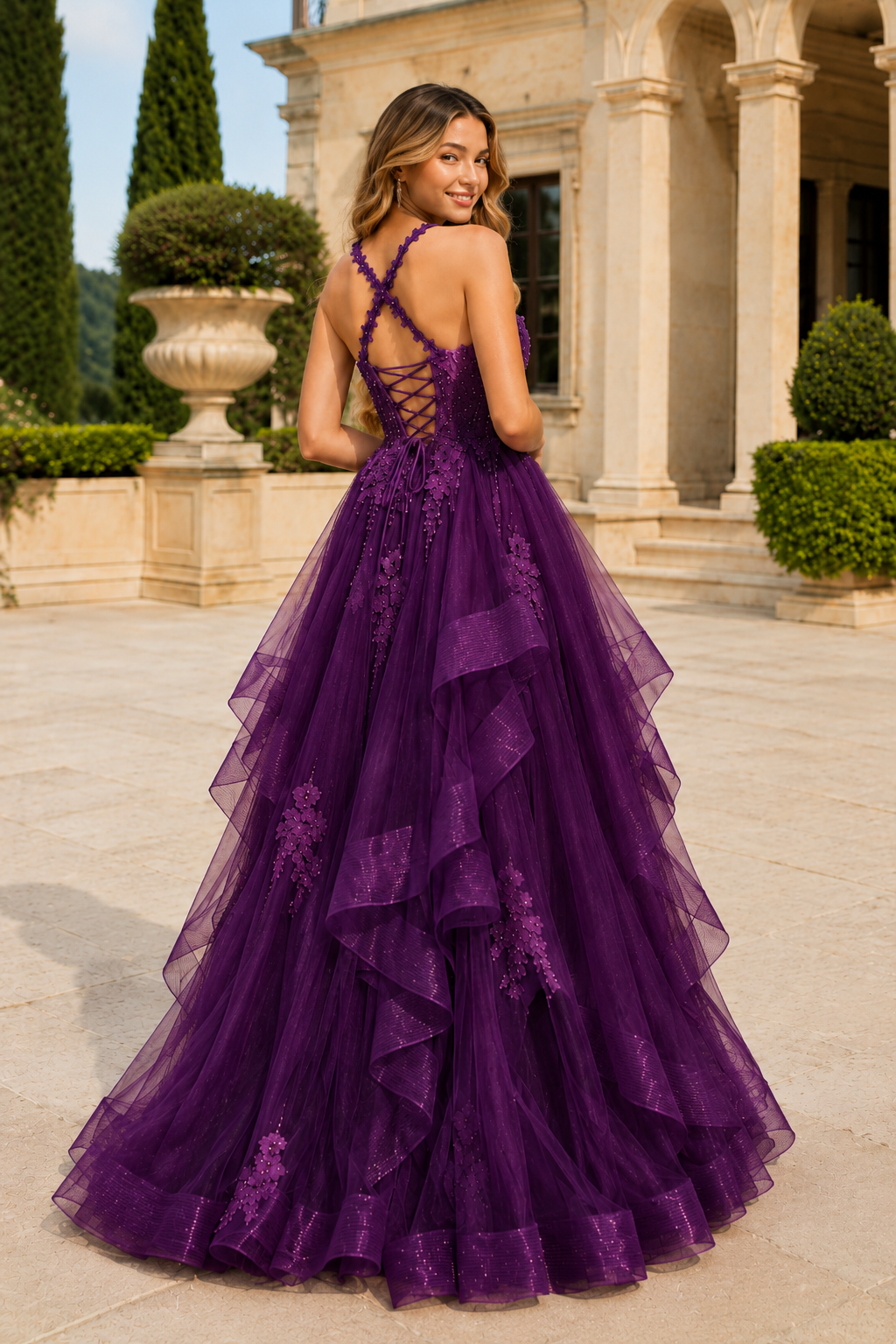 Arisette A Line V Neck Floor Length Tulle Prom Dress- Style