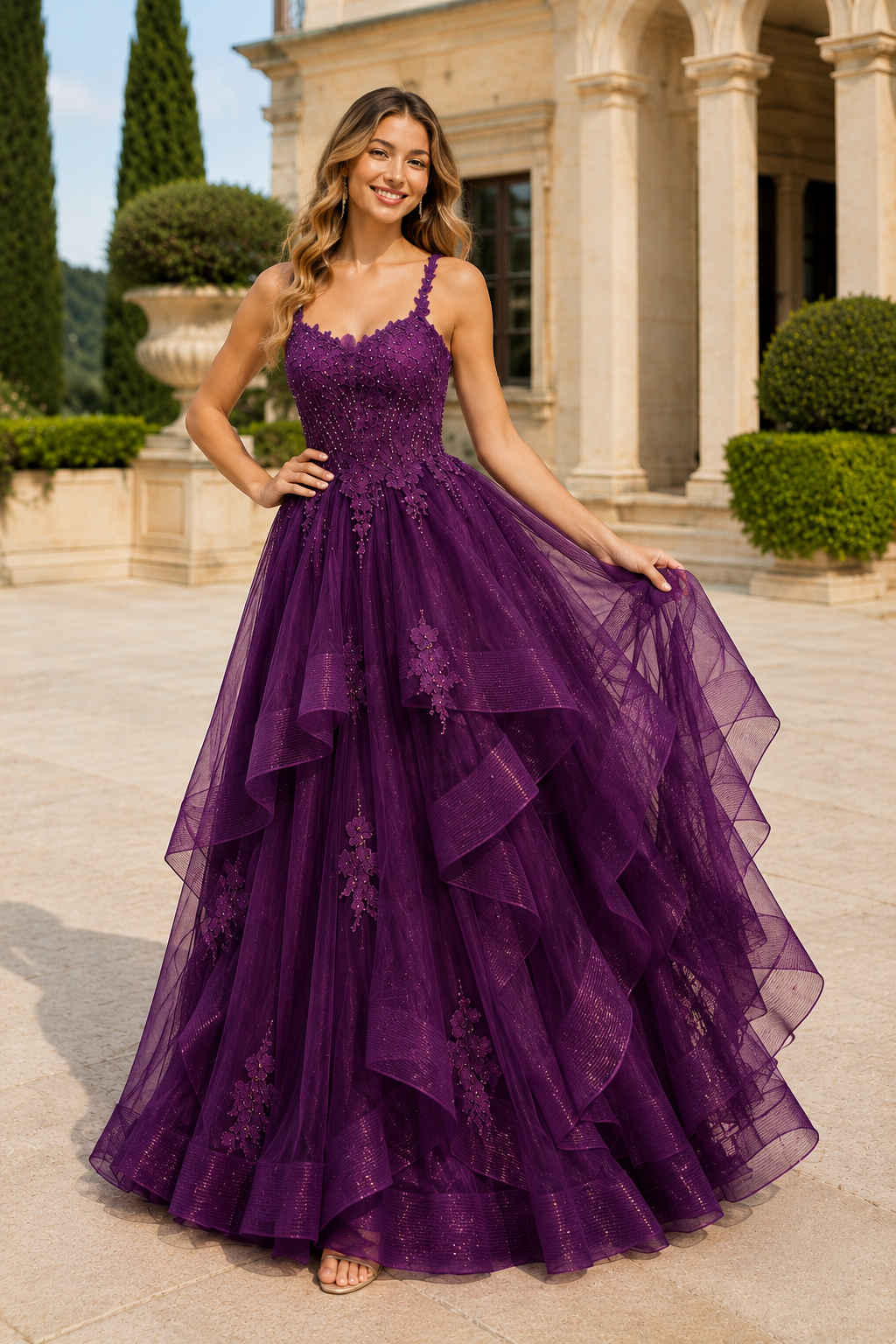 Arisette A Line V Neck Floor Length Tulle Prom Dress- Style