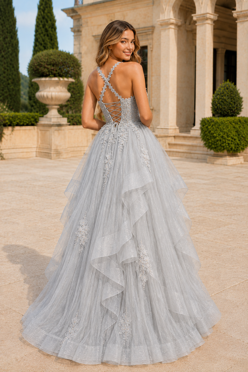 Arisette A Line V Neck Floor Length Tulle Prom Dress- Style
