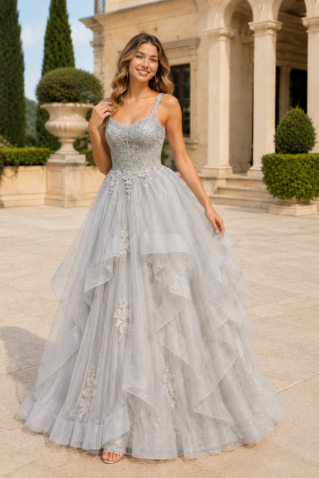 Arisette A Line V Neck Floor Length Tulle Prom Dress- Style