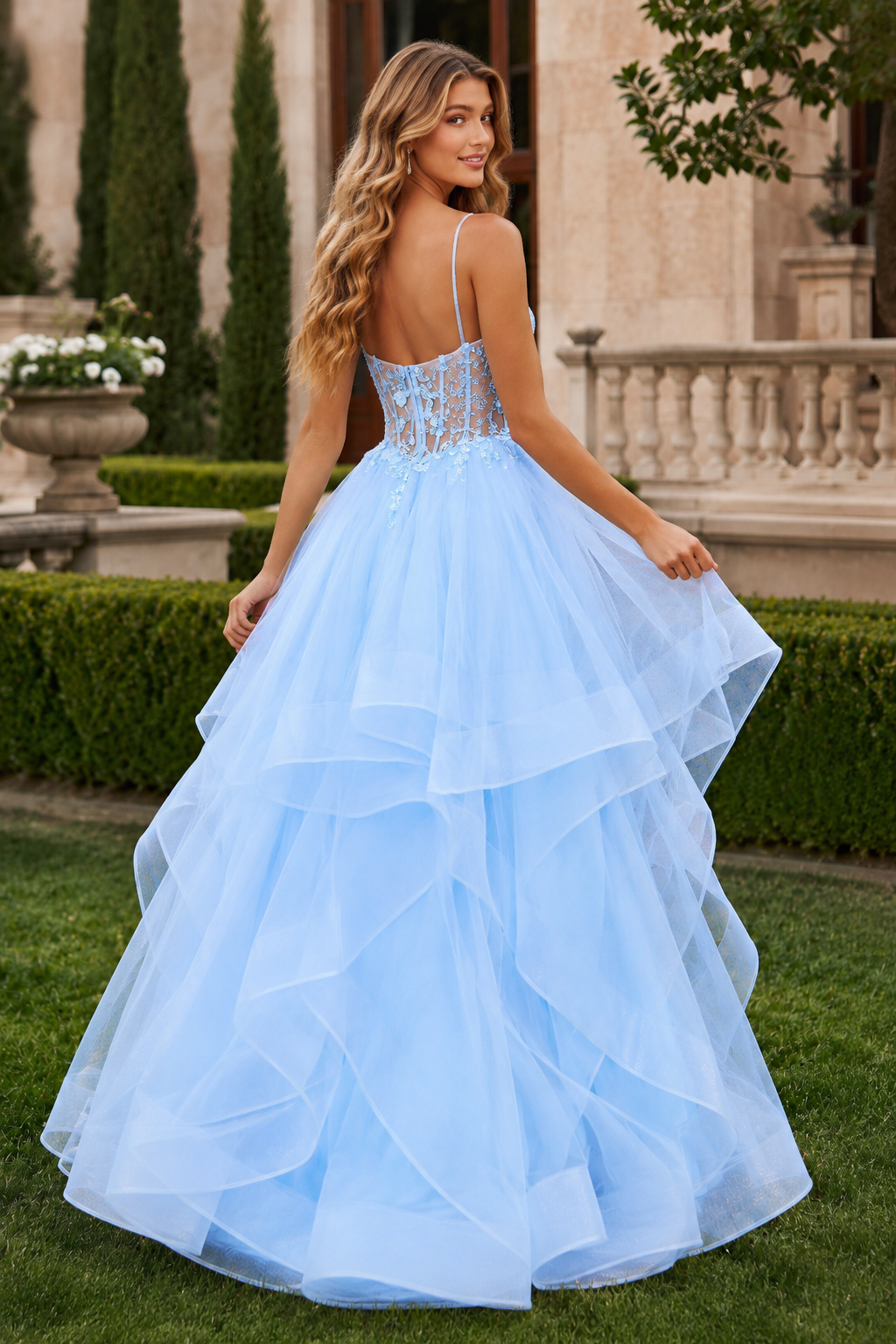 Celine Ball Gown V Neck Sweep Train Tulle Prom Dress