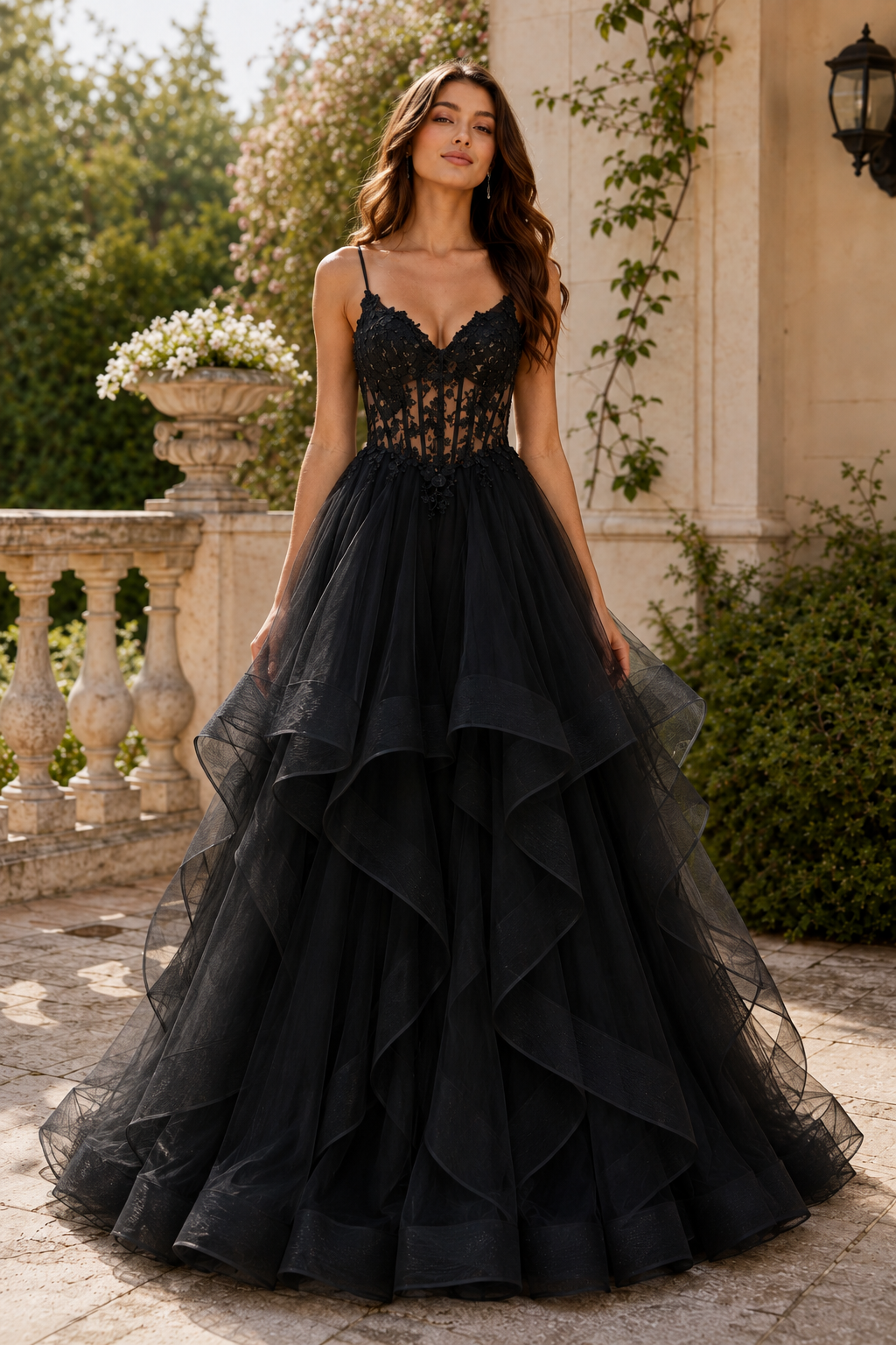 Celine Ball Gown V Neck Sweep Train Tulle Prom Dress