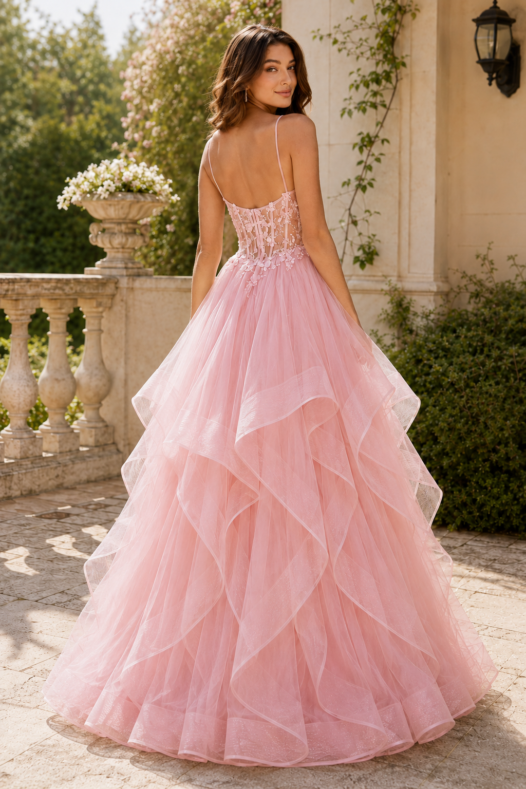 Celine Ball Gown V Neck Sweep Train Tulle Prom Dress