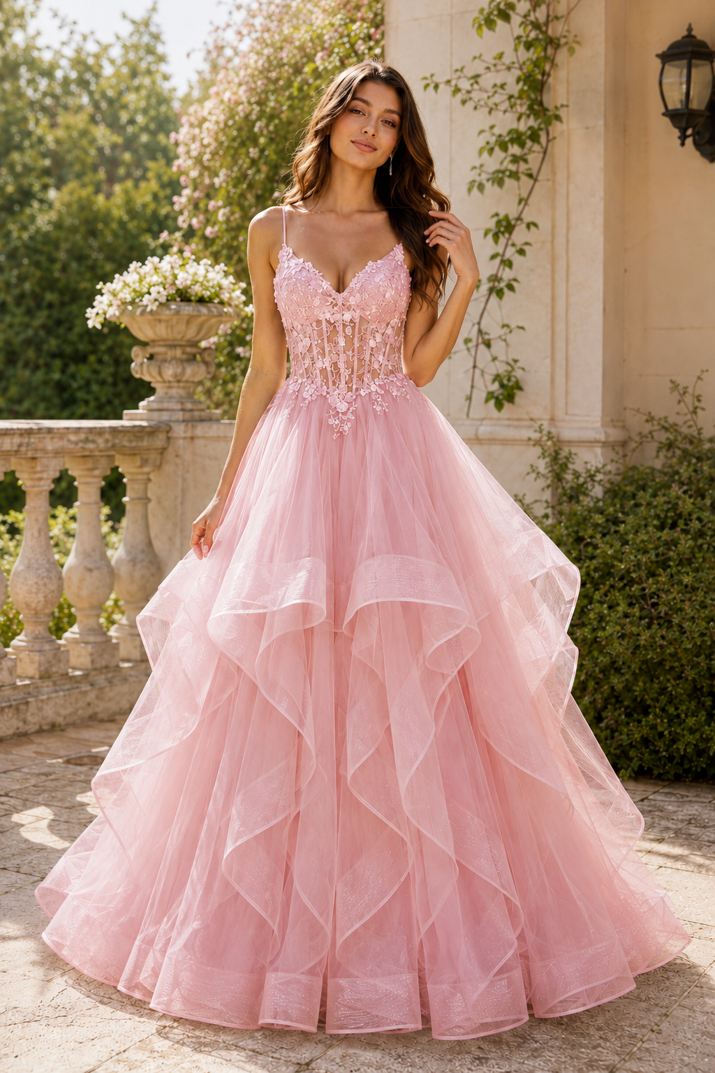 Celine Ball Gown V Neck Sweep Train Tulle Prom Dress