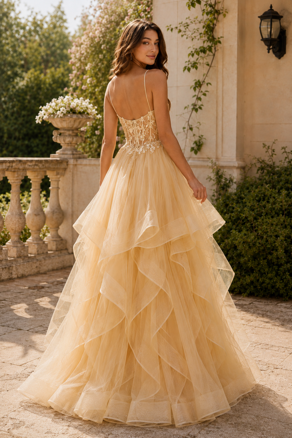 Celine Ball Gown V Neck Sweep Train Tulle Prom Dress