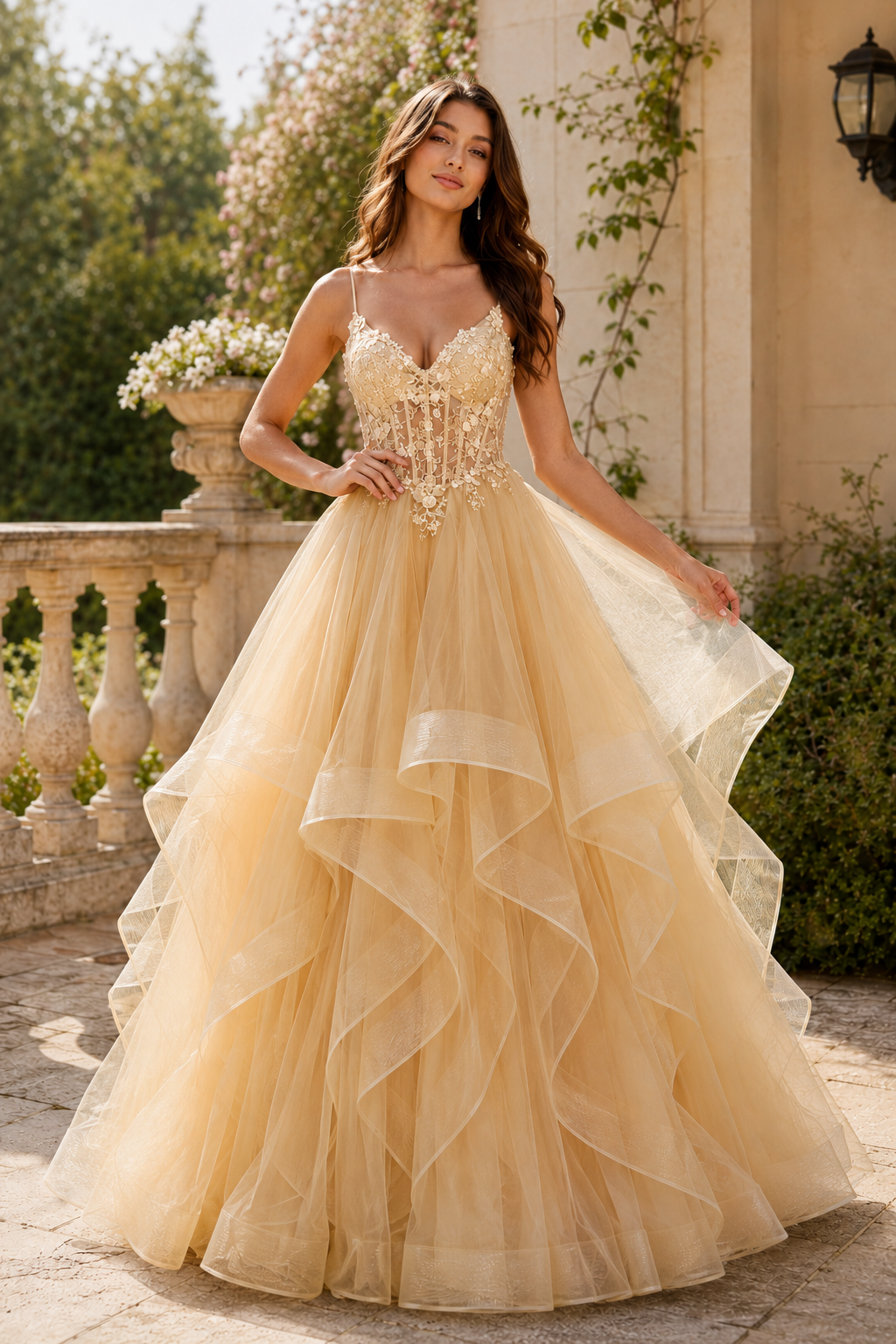 Celine Ball Gown V Neck Sweep Train Tulle Prom Dress