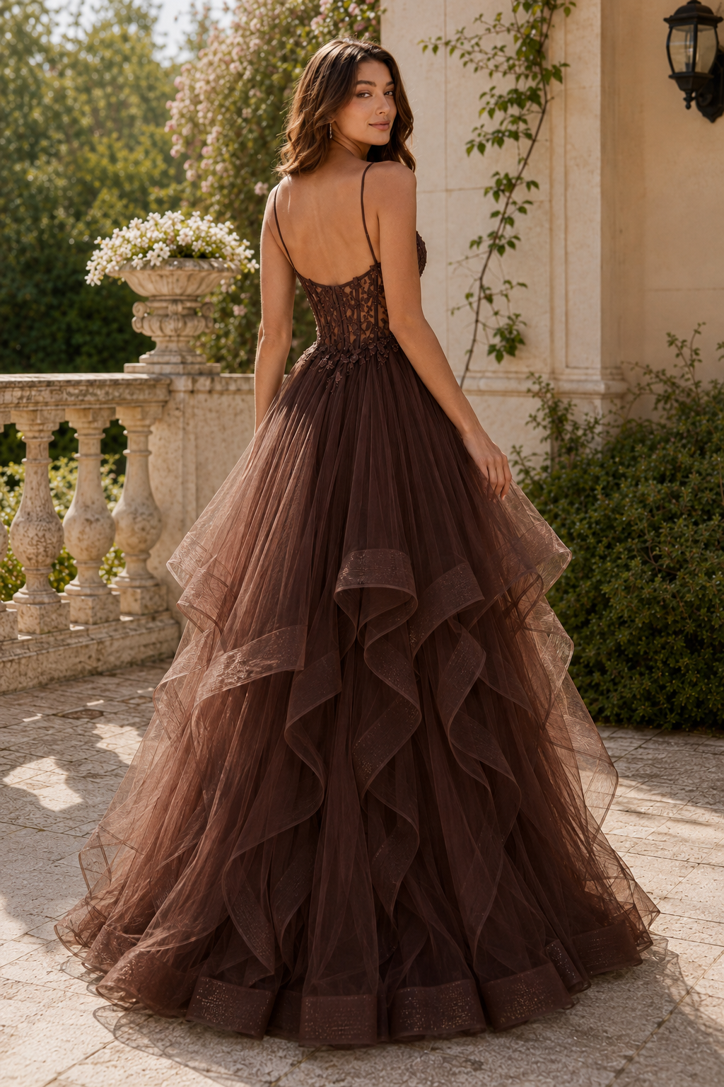 Celine Ball Gown V Neck Sweep Train Tulle Prom Dress