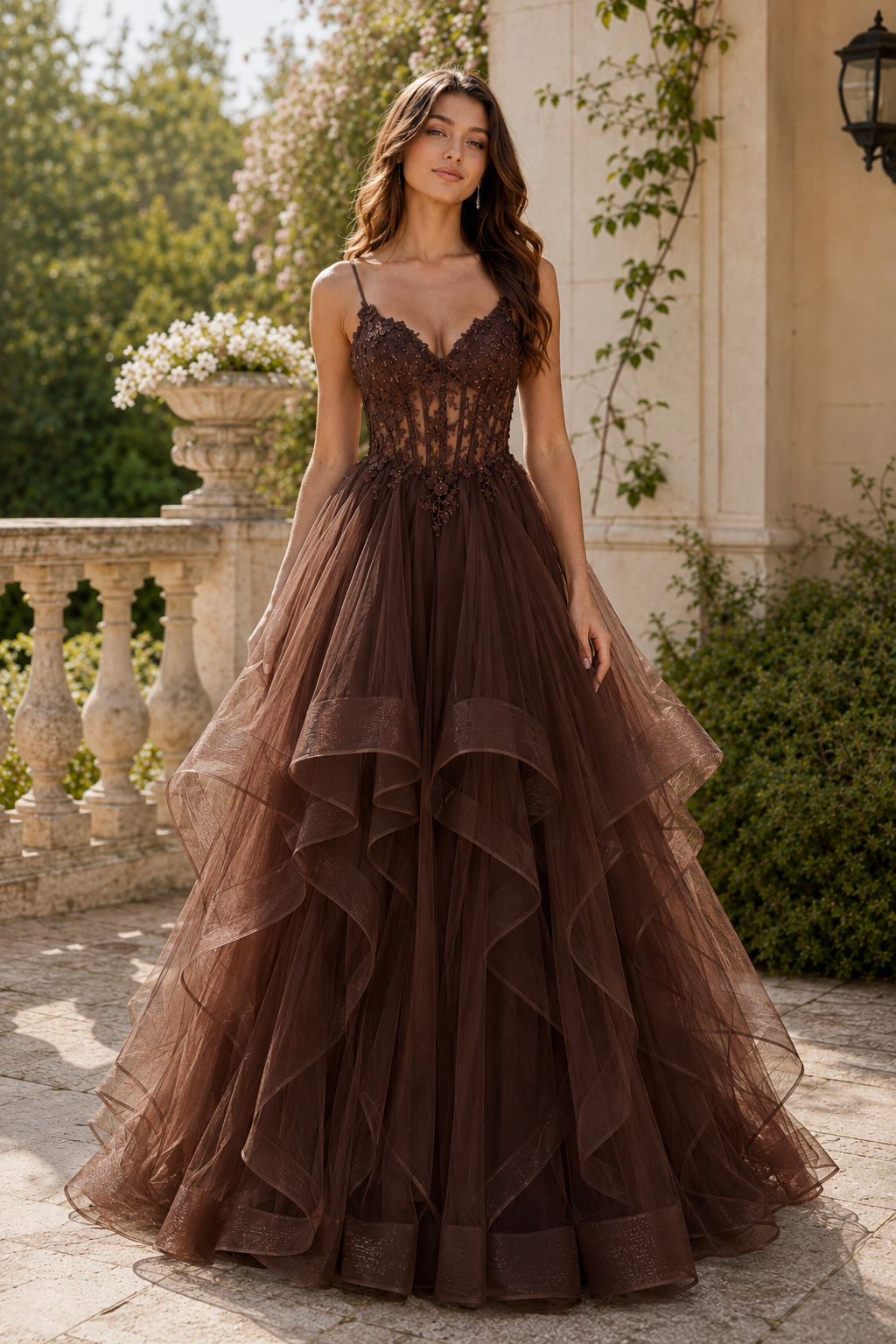 Celine Ball Gown V Neck Sweep Train Tulle Prom Dress