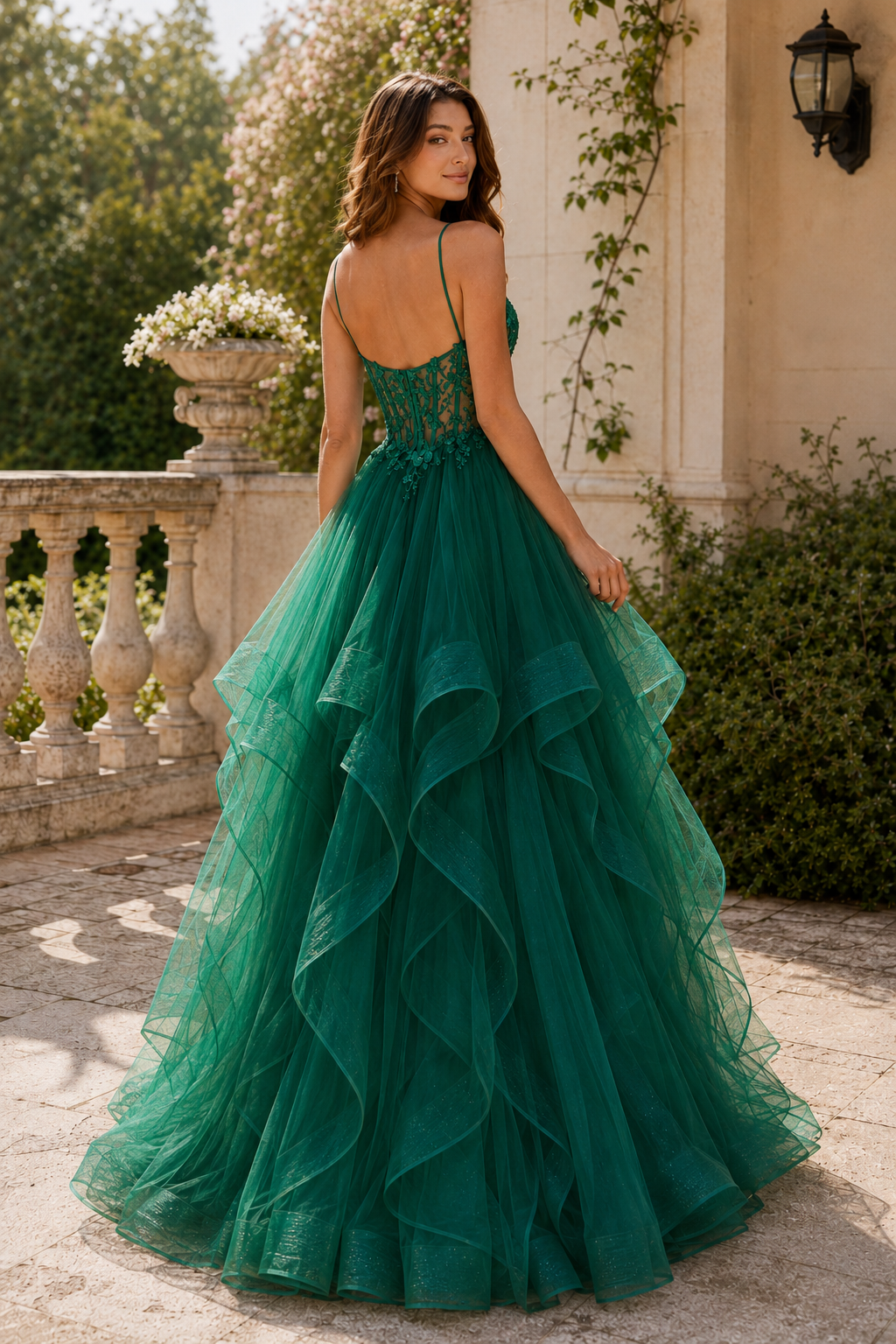 Celine Ball Gown V Neck Sweep Train Tulle Prom Dress