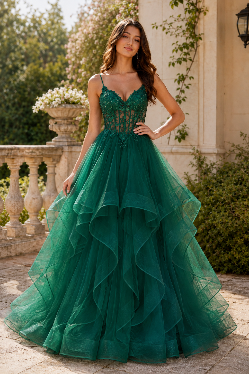Celine Ball Gown V Neck Sweep Train Tulle Prom Dress