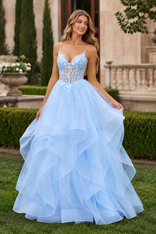 Celine Ball Gown V Neck Sweep Train Tulle Prom Dress