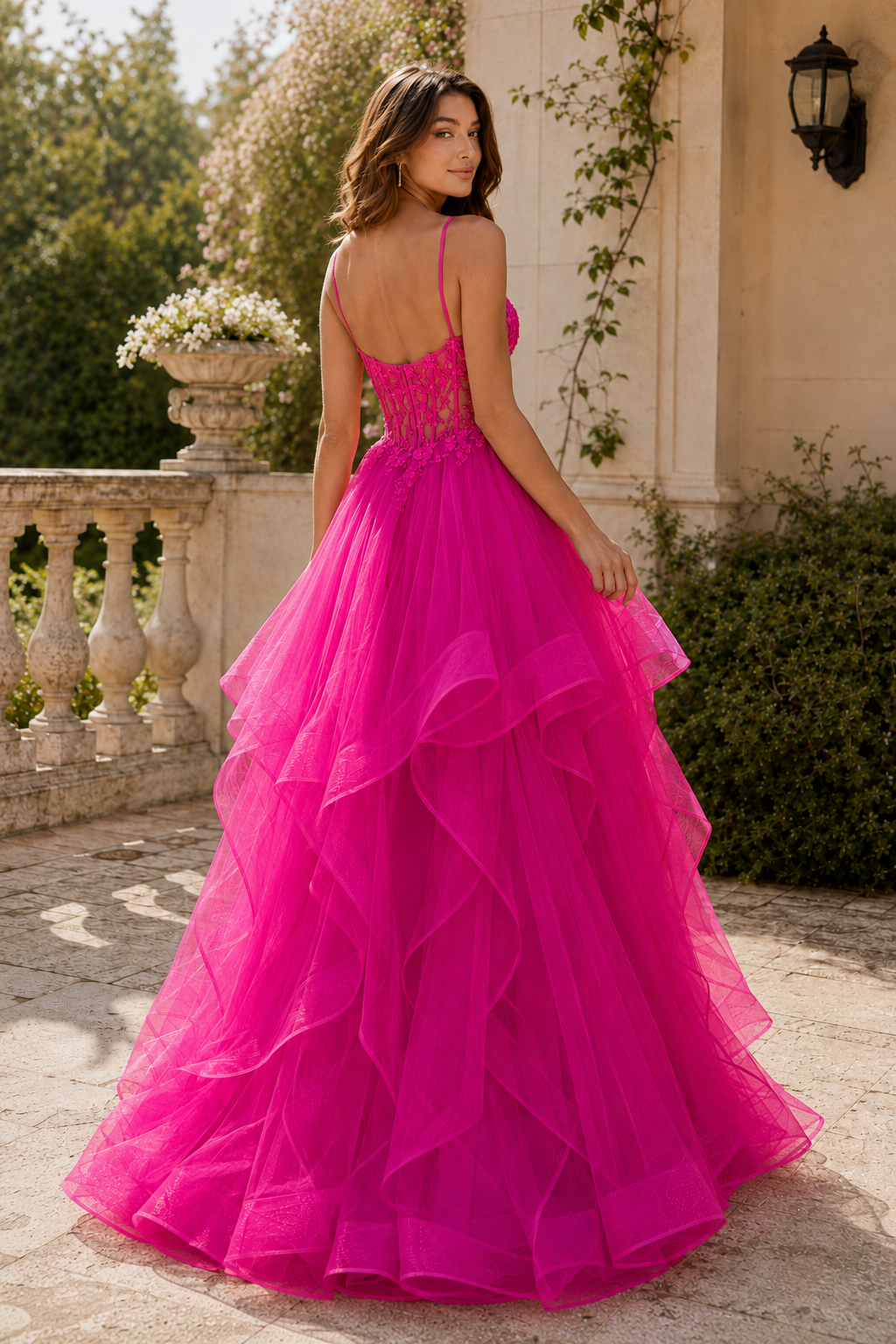 Celine Ball Gown V Neck Sweep Train Tulle Prom Dress