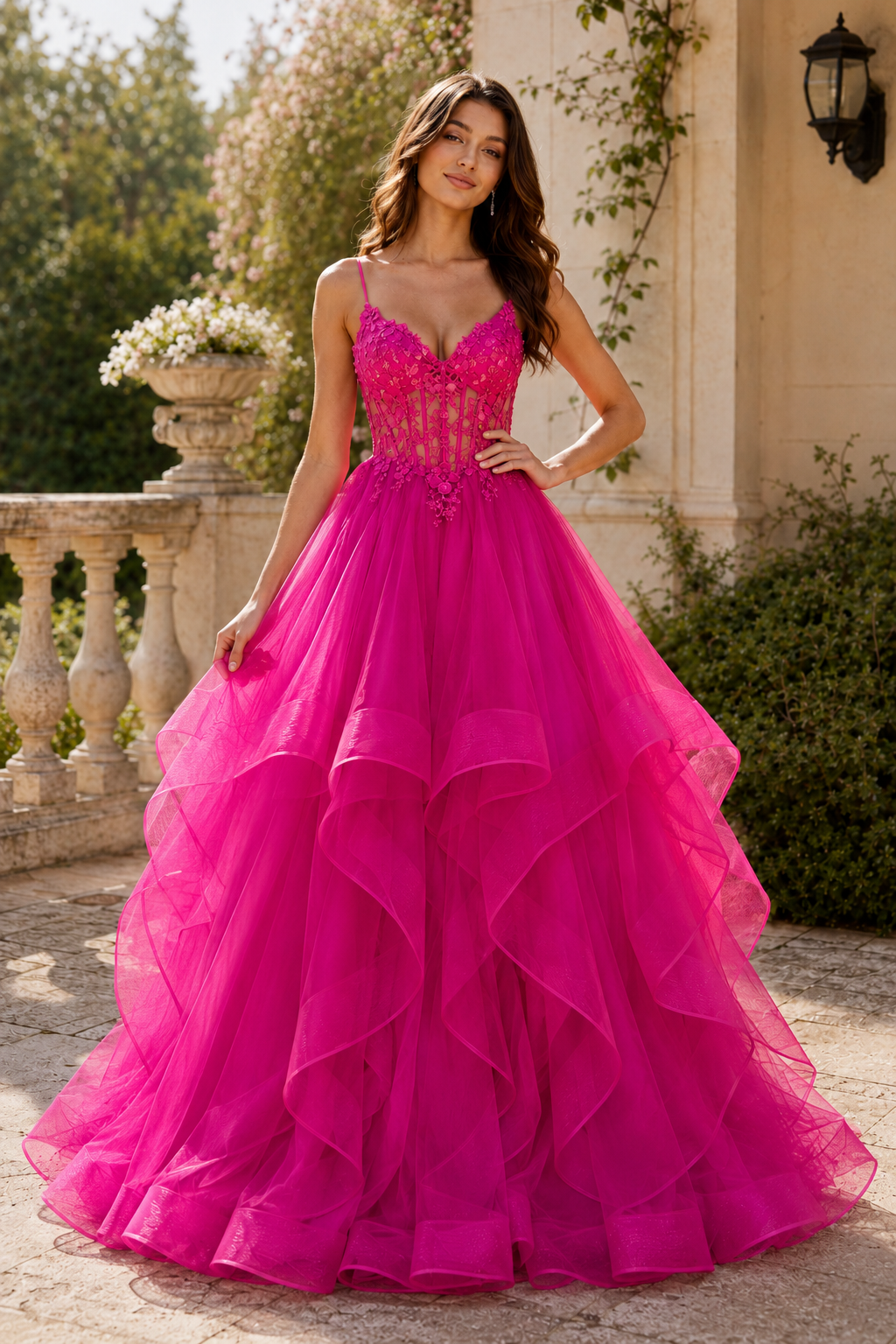 Celine Ball Gown V Neck Sweep Train Tulle Prom Dress