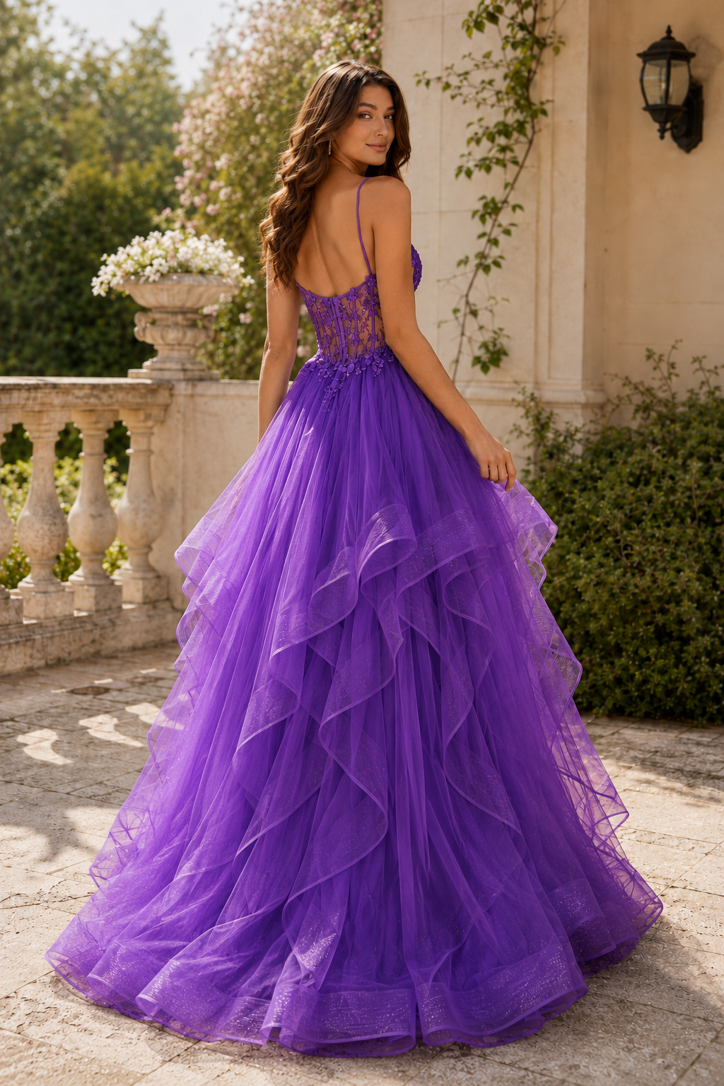 Celine Ball Gown V Neck Sweep Train Tulle Prom Dress