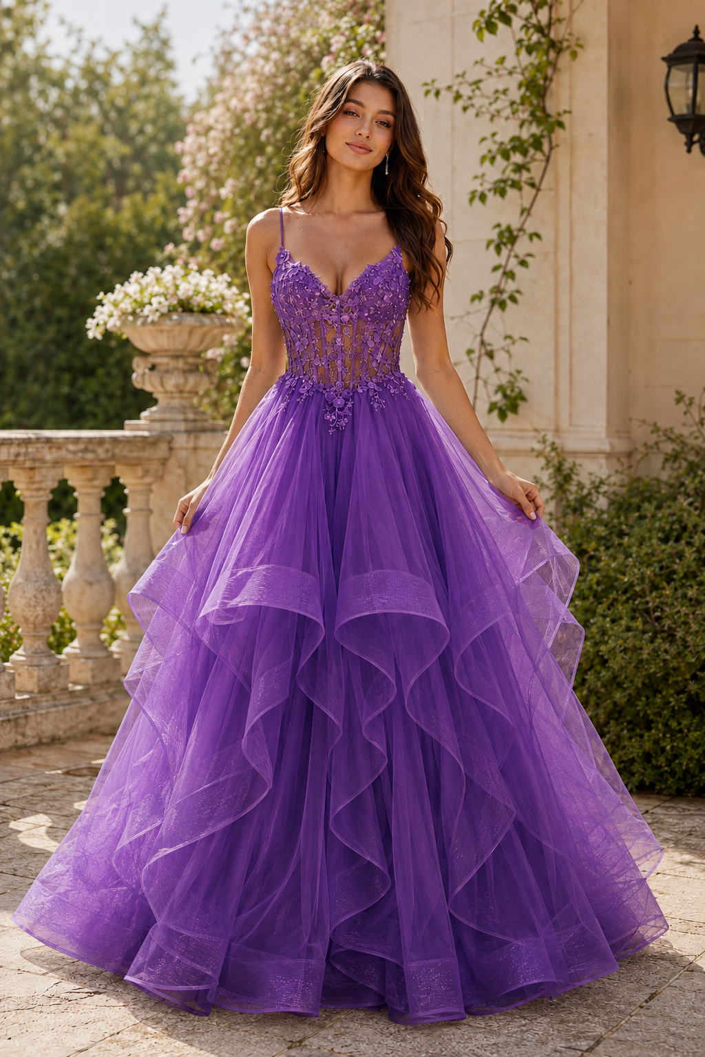 Celine Ball Gown V Neck Sweep Train Tulle Prom Dress