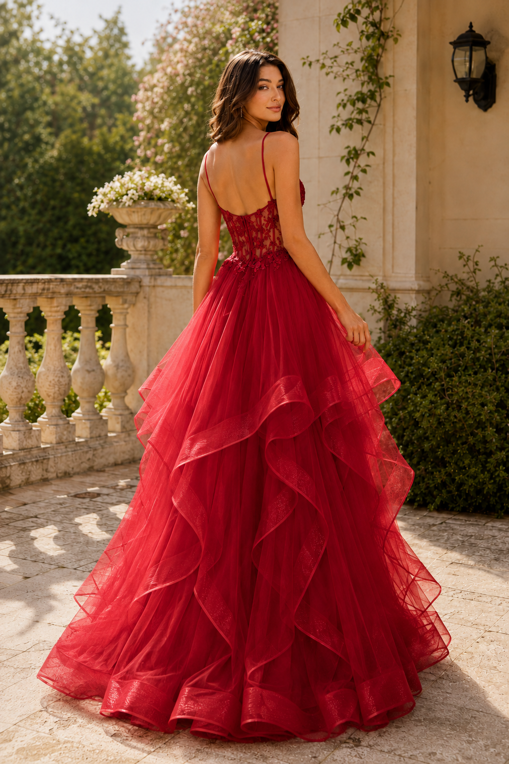 Celine Ball Gown V Neck Sweep Train Tulle Prom Dress