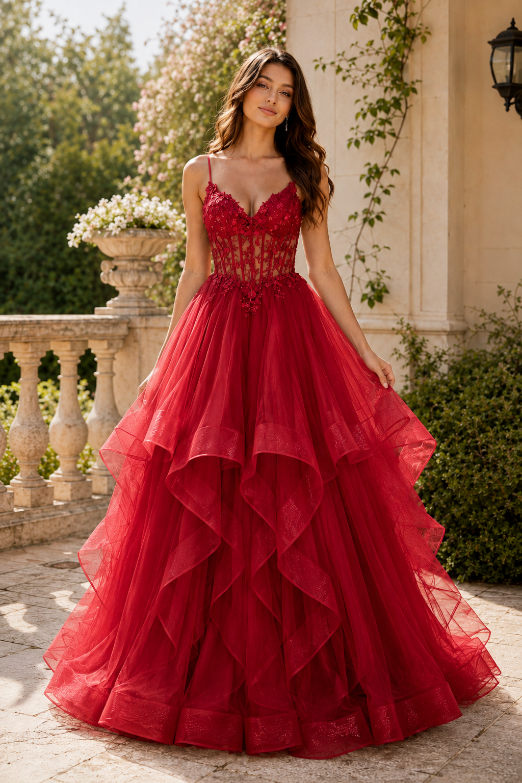 Celine Ball Gown V Neck Sweep Train Tulle Prom Dress