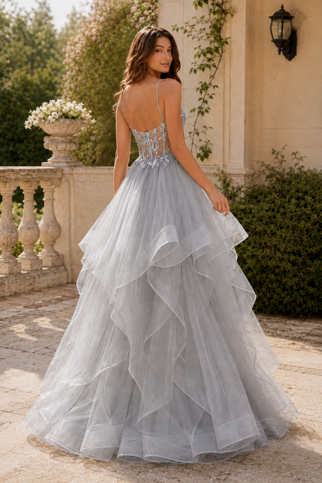 Celine Ball Gown V Neck Sweep Train Tulle Prom Dress