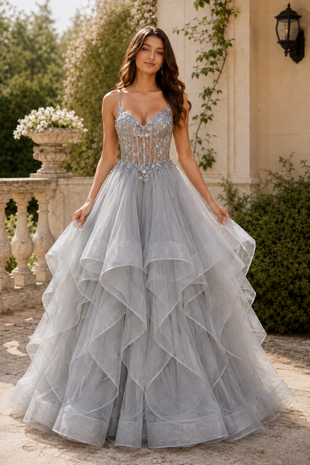 Celine Ball Gown V Neck Sweep Train Tulle Prom Dress