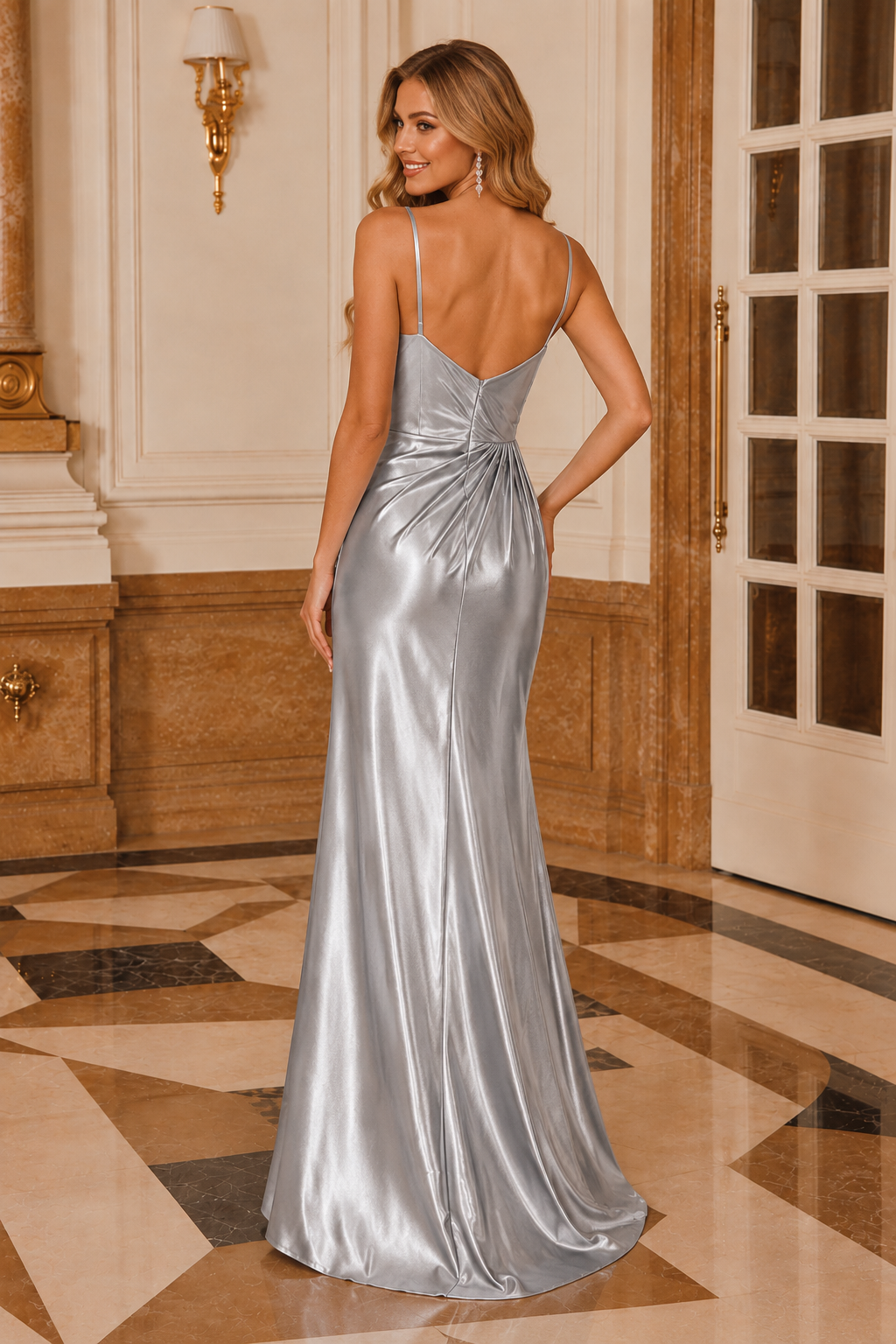 Kalmara Sheath V Neck Sleeveless Sweep Train Satin Satin Prom Dress