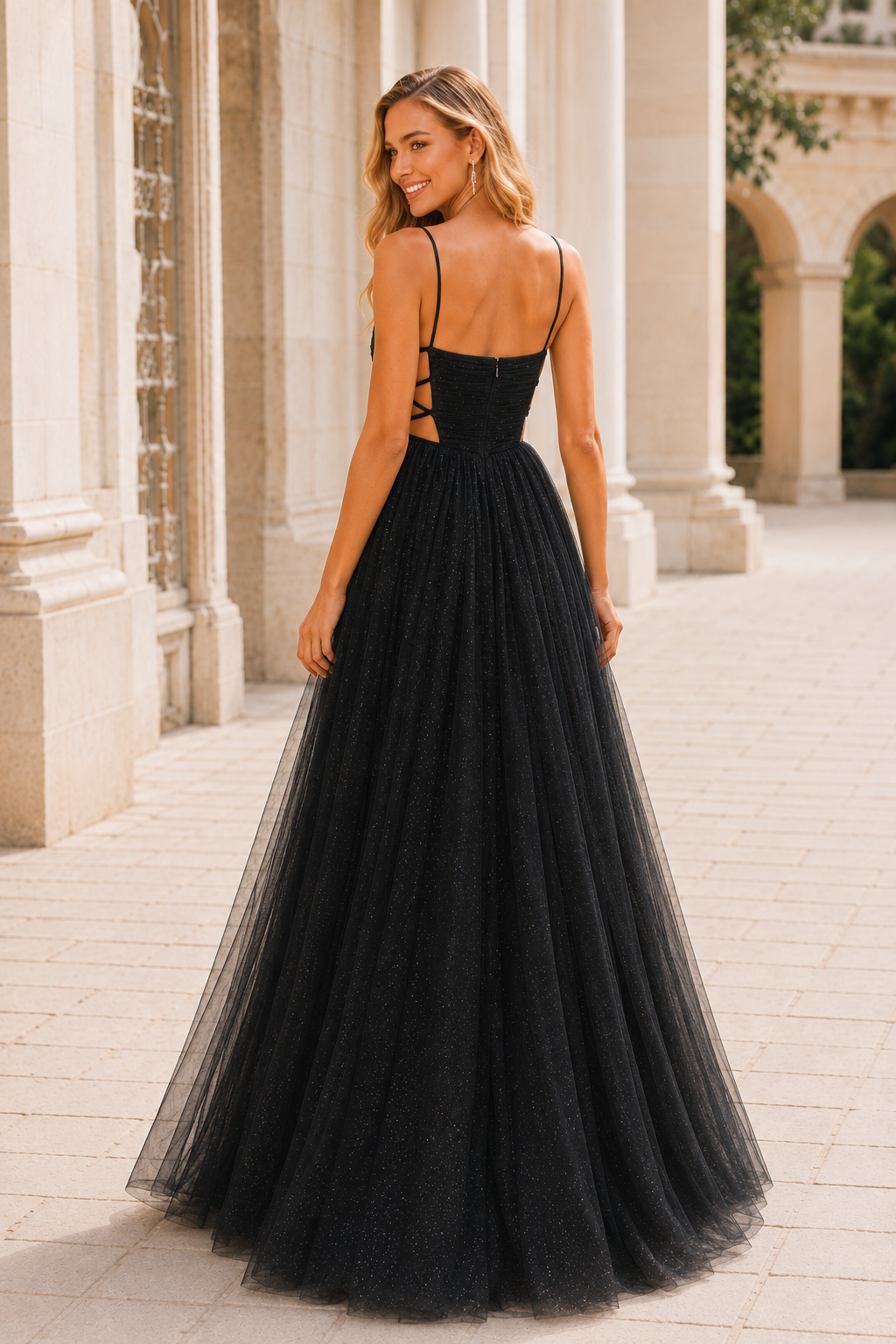 Elovina A Line Square Neckline Sleeveless Sweep Train Tulle Prom Dress- Style