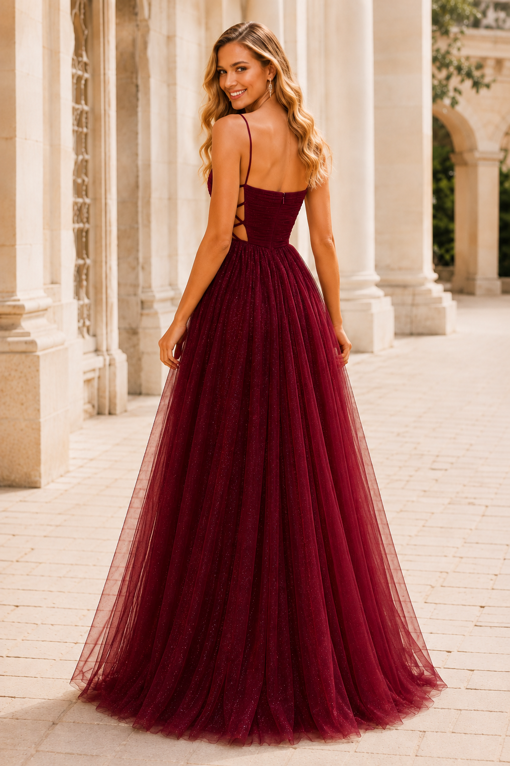 Elovina A Line Square Neckline Sleeveless Sweep Train Tulle Prom Dress- Style
