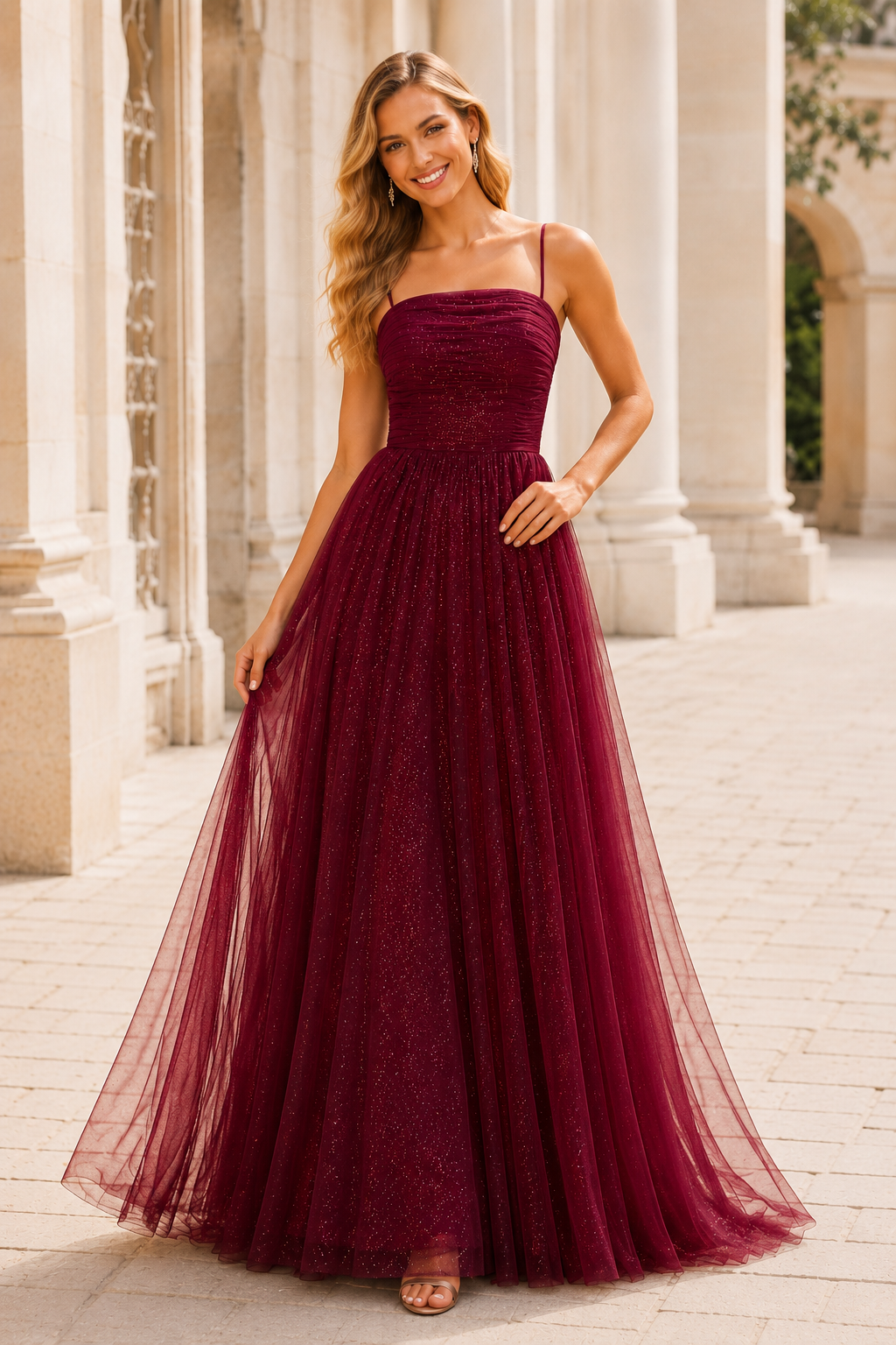 Elovina A Line Square Neckline Sleeveless Sweep Train Tulle Prom Dress- Style