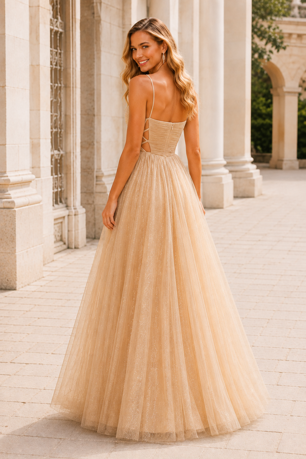 Elovina A Line Square Neckline Sleeveless Sweep Train Tulle Prom Dress- Style