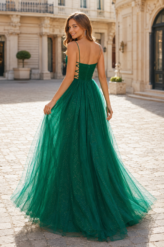 Elovina A Line Square Neckline Sleeveless Sweep Train Tulle Prom Dress- Style
