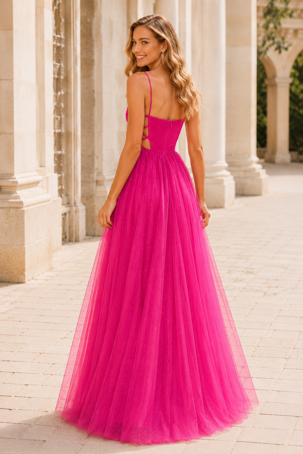 Elovina A Line Square Neckline Sleeveless Sweep Train Tulle Prom Dress- Style