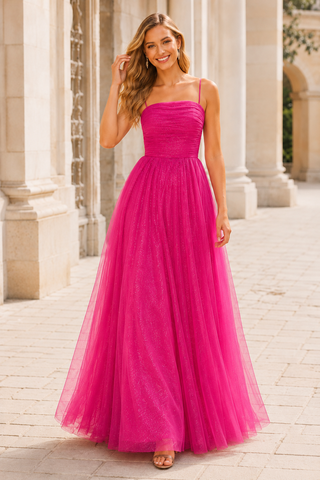 Elovina A Line Square Neckline Sleeveless Sweep Train Tulle Prom Dress- Style