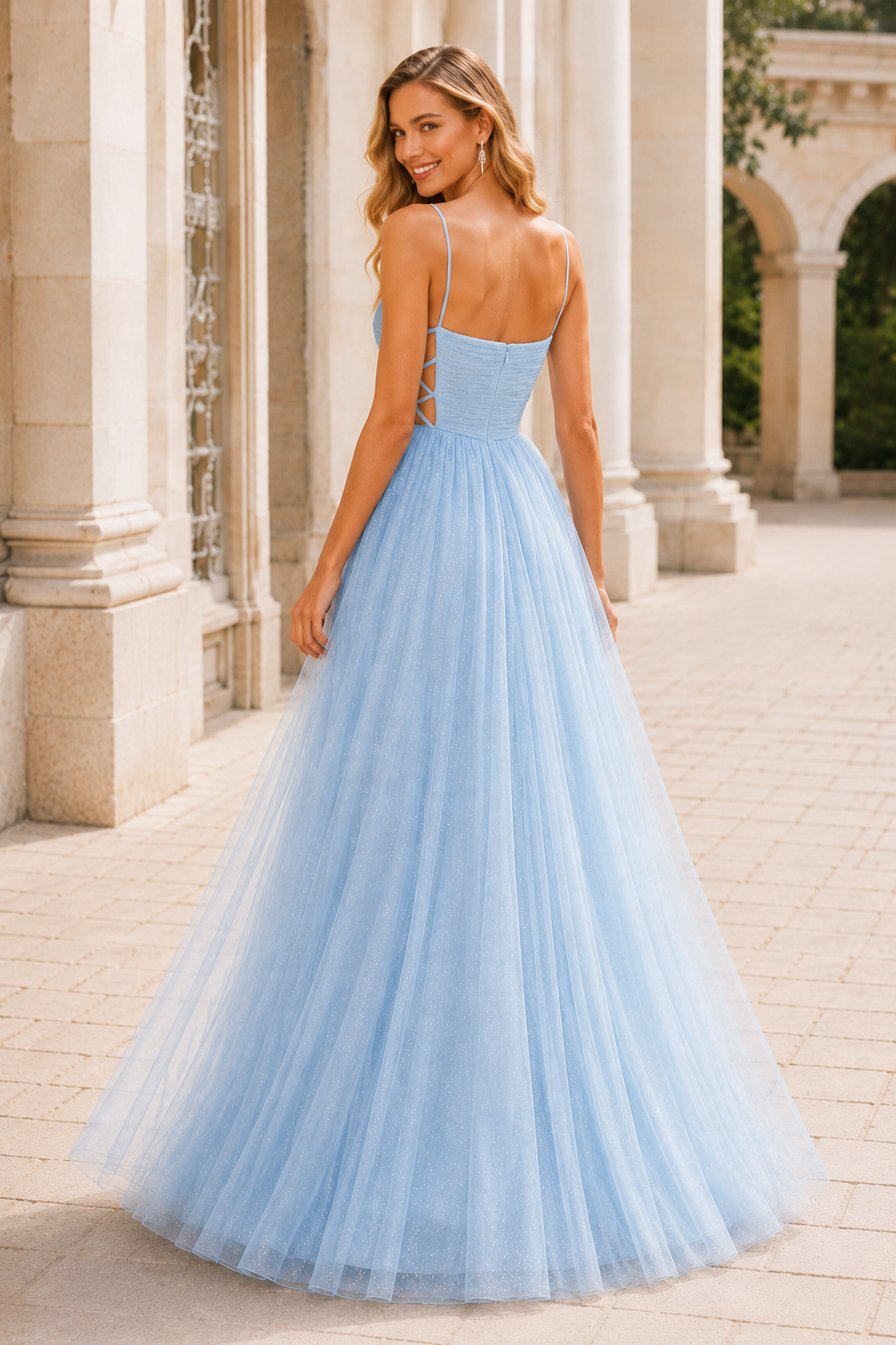 Elovina A Line Square Neckline Sleeveless Sweep Train Tulle Prom Dress- Style
